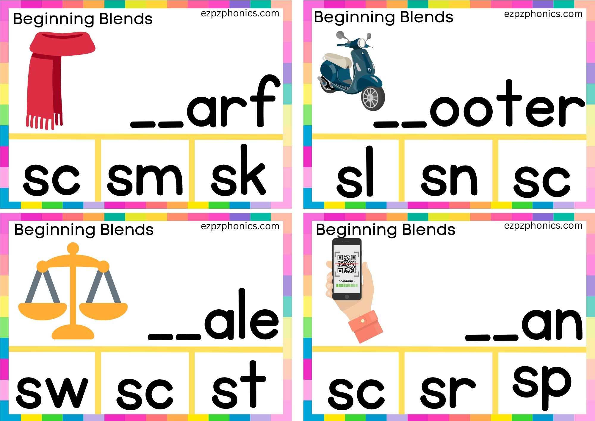 SC Beginning Blends Clip Cards Finish The Words And Clip The Correct Letters Set 1